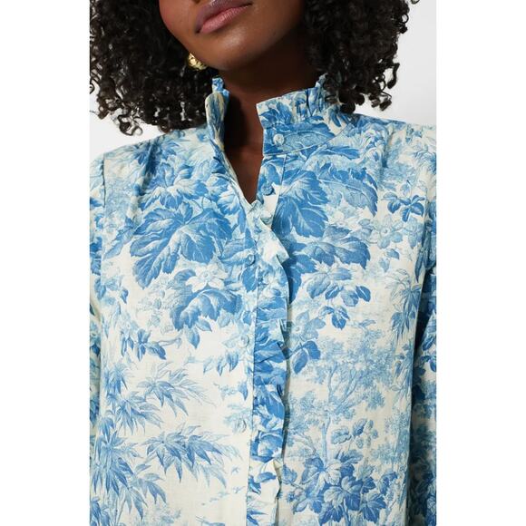 Tuckernuck Tate Dress Misty Blue Toile Pleated Mini Linen Cotton Ruffle Neck XS - Picture 6 of 11